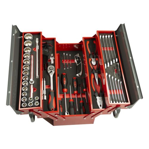 Abra la caja de herramientas con muchas herramientas. Caja de
